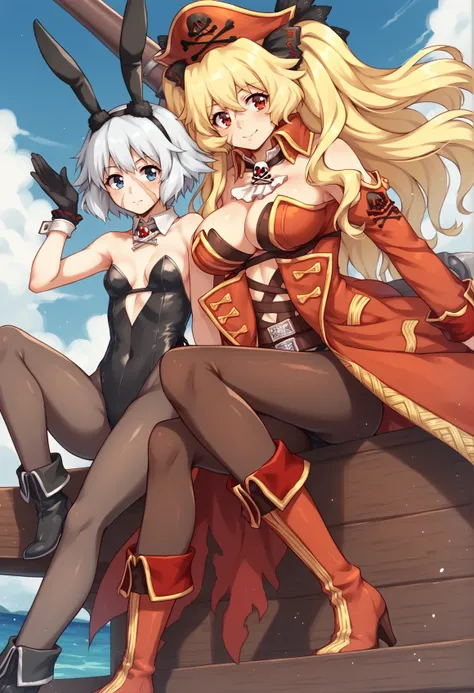 2girls, Mary, Anne, big breasts, blonde hair, long hair, twintails, red eyes, detached collar, ascot, long sleeves, detached sleeves, Skull And Crossbones, rabbit, ears, gloves, swimsuit, red pirate hat, red pirate coat, bare shoulders, playboy_bunny, bare...