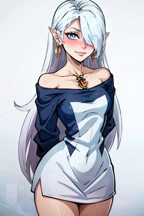 ((masterpiece,best quality)), absurdres, <lora:Yvraine_Warhammer_40K_v1:0.7>,   yvraine, long hair, blush, simple background, shirt, white background, jewelry, very long hair, white hair, earrings, off shoulder, hair over one eye, arms behind back, blue sh...