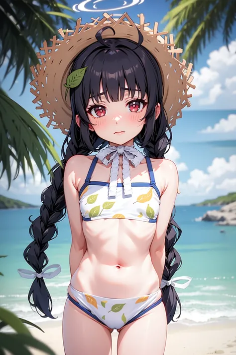 solo, masterpiece, best quality, outdoors, seaside, miyu, red eyes, black hair, long hair, blunt bangs, ahoge, twin braids, leaf on head, halo, white bikini, leaf print, white ribbon, white neck ribbon, straw hat, shy, shiny skin, looking at viewer, cowboy...