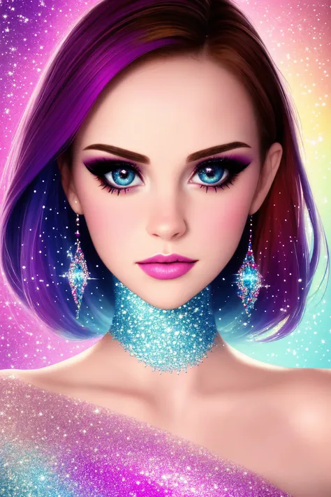 beautiful woman face, closeup, colorful makeup, sparkles, glitter, high contrast,
([Ni(:0)na( :0)Dobrev|Emma( :0)Watson]:0.9)
 highres, high quality, high resolution, hd, 4k, masterpiece,
realistic skin, doll, shinny skin, profile,
[(colorful explosion psy...