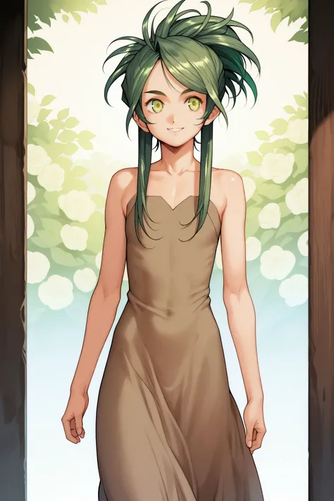 score_9, score_8_up, score_7_up, 1girl, slender female, shiny skin, walking, smile, dark green hair, side-swept bangs, crested hair, light green eyes, flat chest, brown cascade dress, floral background, no light <lora:fujishima_kousuke_PonyXL_style_v01:1>