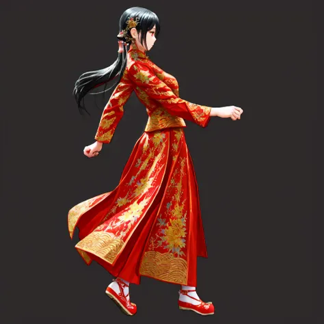 masterpiece, watercolor, Impasto,
JIAYI55,  JYAYIQS25, fisting, from side, 
1girl, solo,  chinese clothes, red mary janes, red dress, long dress, 
black hair,very long hair, hair ornament,  
(standing), (full body), 
two-tone background, simple background,...