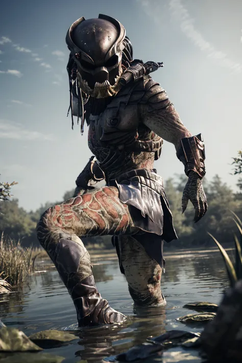 masterpiece, best quality, detailed background,wetland, (in water:1.5)
MrBlack,male,solo,mask,armor,gauntlets,  full body,squatting,facing away <lora:MrBlackPredatorv2:1> <lora:more_details:0.2>