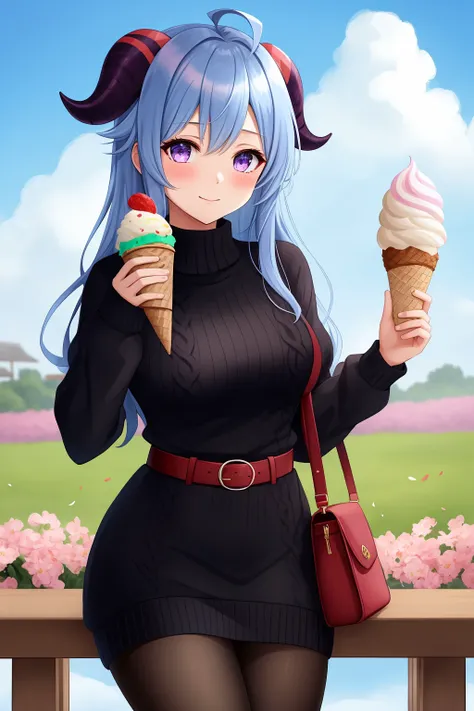 1girl,  solo,  long hair,  breasts,  looking at viewer,  blush,  bangs,  long sleeves,  dress,  holding,  hair between eyes,  closed mouth,  blue hair,  purple eyes,  flower,  ahoge,  pantyhose,  sidelocks,  outdoors,  food,  horns,  sky,  alternate costum...