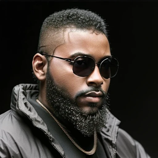 volumetric, closeup portrait photo of black young man with a beard wearing shades and dark clothes, darker skin, <td>DjAkademiks</td>