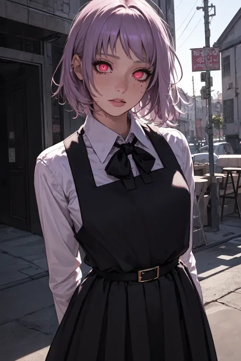 (((masterpiece))),(((best quality))),1girl, aged_up, solo, looking at viewer, fami, (ringed eyes:1.4), pink eyes, short hair, pale_purple_hair, ribbon, black ribbon, black pinafore dress, pinafore dress, black belt, hayao miyazaki style, outdoors, arms beh...