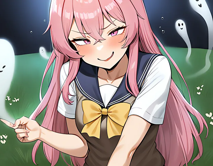 masterpice, best quality,nsjn,1girl,solo,long hair,bangs,shirt,naughty face expression,hair ornament,bow,hair between eyes,collarbone,white shirt,pink hair,short sleeves,pink eyes,sailor collar,yellow bow, art by neisan and nyororiso_(muyaa)sweater vest,bl...