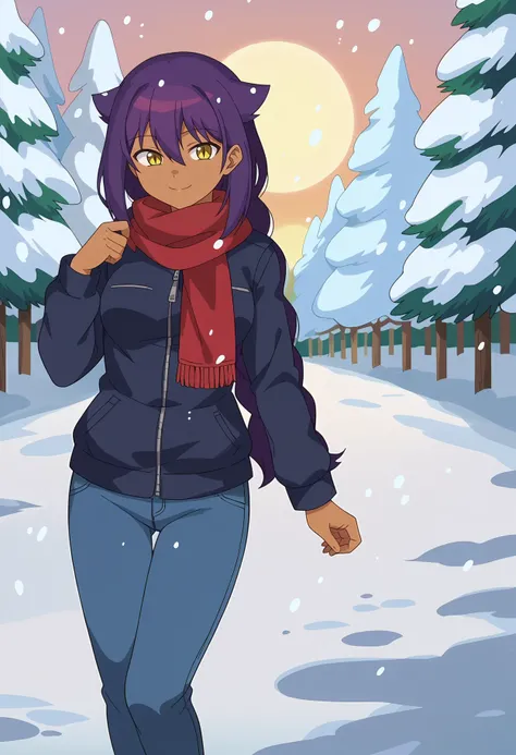 score_9, score_8_up, <lora:TheGreatJahySamaXL_Exotica:1>, 1girl, solo, very long purple hair, medium breasts, hair between eyes, yellow eyes, single braid, sidelocks, dark skin, dark-skinned female, slit pupils, hair flaps, winter jacket, blue jeans, red s...