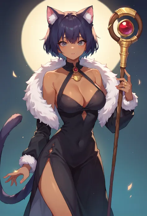 score_9, score_8_up, score_7_up, score_6_up, source anime, BREAK, 
1girl, staff, breasts, dress, solo, short hair, fur trim, holding staff, cleavage, jewelry, tail, facial mark, ring, cat ears, black dress, looking at viewer, bangs, cat tail, dark-skinned ...