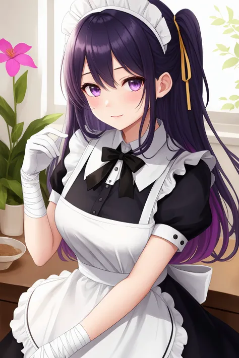 1girl, solo, long hair, looking at viewer, bangs, black hair, gloves, dress, ribbon, hair between eyes, closed mouth, purple eyes, purple hair, flower, multicolored hair, frills, black gloves, hand up, apron, black dress, two-tone hair, maid, maid headdres...