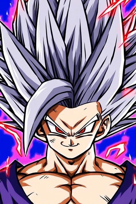 <lora:Gohan_Beast_pony:1> gohan_beast, male focus, 1boy, solo, spiked hair, muscular, red eyes, dougi, grey hair, muscular male, aura, smile