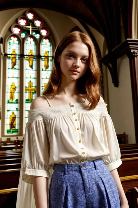 European woman, closeup, sandals, (shirt), pants, ((inside a church: 1.2), stained glass), ZM_elif, wide shoulders, perfect face, (contact iris: 1.1), pale skin, skin pores , looking_at_viewer, depth of field