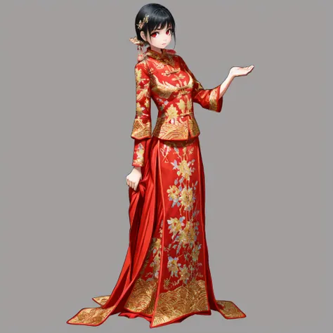 masterpiece, watercolor, Impasto,
JIAYI55, JYAYIQS25, fisting,
1girl, solo, chinese clothes, red mary janes, red dress, long dress,
black hair,very long hair, hair ornament,
standing, (full body),
two-tone background, ((simple background)),