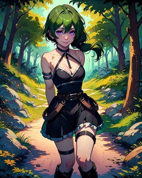 score_9, score_8_up, score_7_up, 1girl, solo, UbelFrieren, purple eyes, dark green hair, medium hair, side ponytail, black choker, arm strap, armlet, black dress, halter dress, cleavage, short dress, belt, sleeveless, single glove, black gloves, thigh stra...