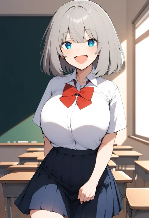 1girl, large breasts, cowboy shot, smile, open mouth, fang, (classroom:1.2), sky, sunlight, 
ttejina_senpai, blue eyes, grey hair, short hair, bangs, school uniform, red bowtie, white shirt, pleated skirt, <lora:tejina_senpai_pony_ver1:0.7>, score_9, score...