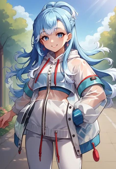 score_9, score_8_up, source_anime, 1girl, solo, KoboBase, blue eyes, long hair, blue hair, colored tips, white hair, earrings, white jacket, raincoat, see-through, cropped hoodie, drawstring, white pants, smile, outdoors, <lora:Char-KoboKanaeruPonyXL:1>