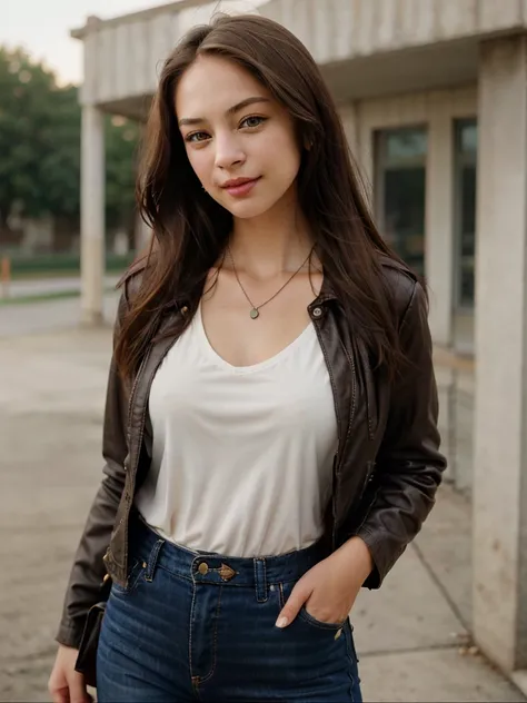 A beautiful kr1st1nk woman,1girl,solo,long hair,looking at viewer,smile,brown hair,brown eyes,jewelry,jacket,upper body,necklace,lips,realistic,instrument case,soft lighting, professional Photography, Photorealistic, detailed, RAW, analog, sharp focus, 8k,...