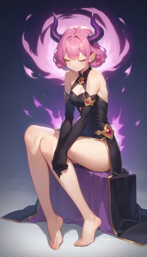 score_9, score_8_up, score_7_up, score_6_up, source anime, BREAK,
aruapnxl, aura, 1girl, barefoot, solo, horns, closed eyes, gloves, elbow gloves, pink hair, bare shoulders, black gloves, full body, sitting, bare legs, purple hair