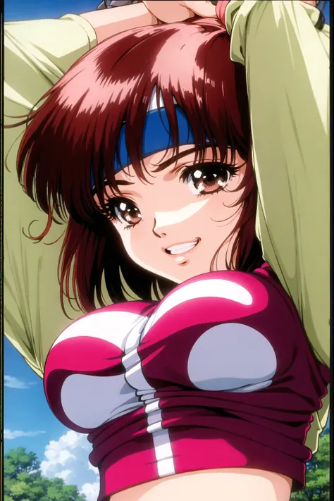 takaya noriko, gunbuster, top wo nerae!, 1girl, solo, breasts, looking at viewer, smile, short hair, bangs, large breasts, brown hair, shirt, long sleeves, brown eyes, medium breasts, upper body, red hair, parted lips, grin, arms up, lips, eyelashes, headb...