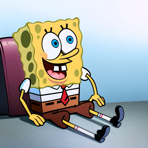 <lora:spongbob:1>1boy, bamboo, black footwear, blue eyes, looking at viewer, male focus,parody, red necktie, shirt, shorts, solo, spongbob, sitting, straight-on, style parody, white background, white shirt