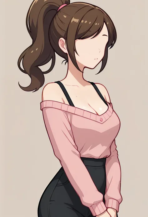 score_9, score_8_up, score_7_up, score_6_up, score_5_up, score_4_up <lora:PonyMinimalStyle:1> Minimalstyle, 1girl, simple background, brown hair ponytail, swept bangs, pink sweater, cleavage, black yoga pants, elegant, beautiful, faceless female,