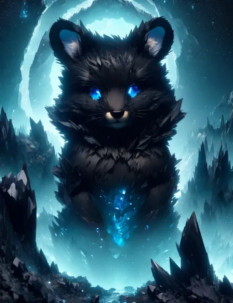 DonMB14ckR0ck black rock, mouse baer, cute furry fuzzy creature, alluring gaze, fairy tail, ethereal, fantastic, playful expression, enchanting, guardian spirit, steep slopes,isolating,scientific methods,unrealistic,sapphire ,   <lora:DonMB14ckR0ck-000006:...