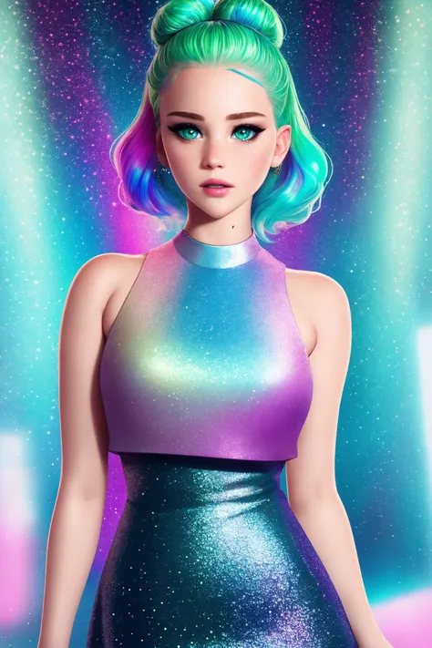 young ([Jennifer( :0)Lawrence|Emma( :0)Watson]:0.9) round cute face focus,  sexy, face closeup, face extreme closeup,
rainbow hair, wearing metallic iridescent dress,
 green eyes, detailed clothes, skinny, shinny glossy skin, subsurface scattering,
(gothic...