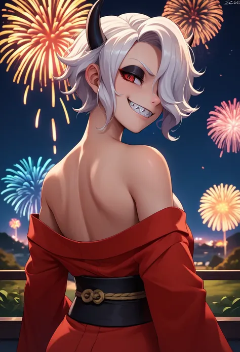 score_9, score_8_up, score_7_up, source_anime, from behind, solo, 1girl, htzdrada, sharp teeth, eyeshadow, smile, looking back, hair over one eye, black horns, demon horns, red kimono, off shoulder, black sash, bare shoulders, fireworks <lora:helltaker_zdr...