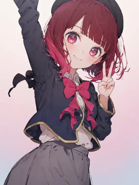 1girl, arima kana, oshi no ko, solo, upper body, v, smile, looking at viewer, gradient background, pink blue gradient, looking at viewer, black beret, youtou high school uniform, masterpiece, high quality, recent, very aesthetic