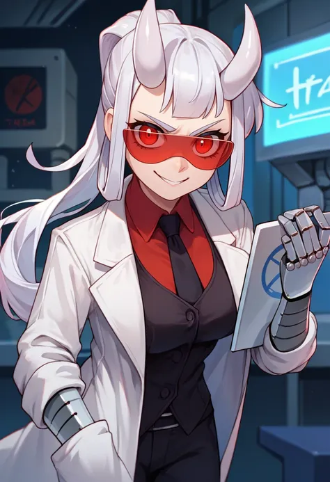 score_9, score_8_up, score_7_up, source_anime, solo, 1girl, htloremaster, mechanical arms, evil smile, looking at viewer, holding clipboard, ponytail, demon horns, goggles, v-shaped eyebrows, white lab coat, red shirt, black necktie, black vest, black pant...