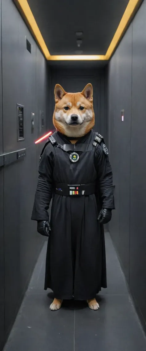 dressed as a Sith Lord, standing in a corridor of the Death Star. The 360-Degree Photography artwork should use Fill Light and Medium Long Shot to create an intense atmosphere. dogecoin artstyle, rich on the moon, <lora:Dogecoin artstyle - Trigger is Dogec...