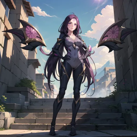 <lora:last:1>kaisa,woman, bodysuit,purple eyes, facial mark,full body, smile, blush, outdoors, day, simple background, blue sky,  sky, temple, looking at viewer, stairs, mountain, moody lighting, facing viewer,hands on own hips,wings,