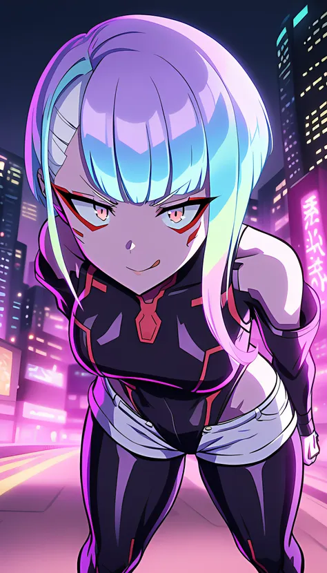 masterpice, best quality,lucynev2,1girl,solo,breasts,short hair,bangs,:q expression,,bare shoulders,medium breasts,jacket,white hair,multicolored hair, art by joy_ride,shorts,leotard,bodysuit,science fiction,white shorts,city,cyborg,cyberpunk,red eyeliner,...