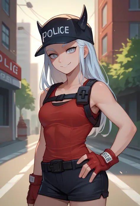 score_9, score_8_up, score_7_up, source_anime, solo, 1girl, justicepol, smile, looking at viewer, hand on hip, long hair, black headwear, police hat, horns through headwear, grey eyes, red tank top, red gloves, fingerless gloves, black shorts, outdoors, ci...