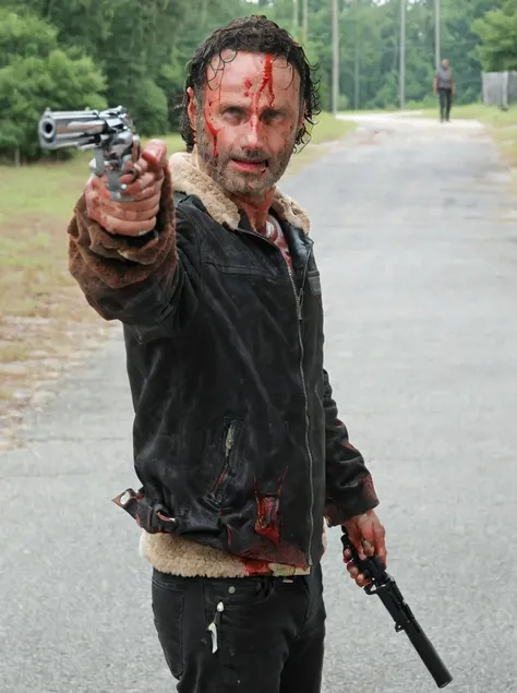 blood, , pointing gun, rick grimes, murda jacket <lora:rick_grimes:1>