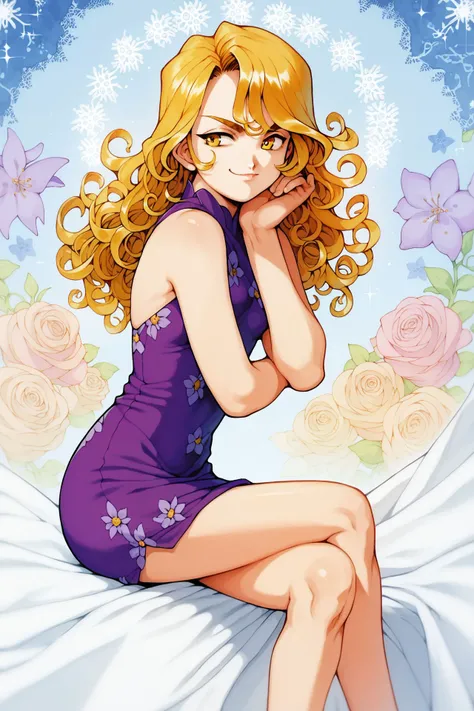 score_9, score_8_up, score_7_up, 1girl, burly female, textured skin, crossed legs, smug, golden hair, bangs, curly hair, golden eyes, small breasts, purple prom dress, floral background, glittering light <lora:fujishima_kousuke_PonyXL_style_v01:1>