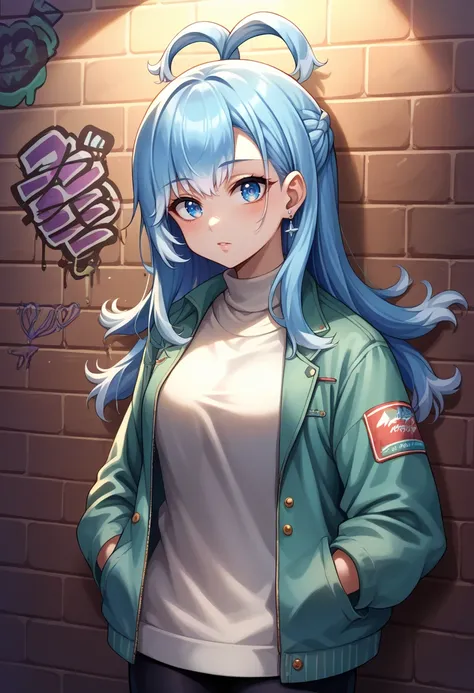 score_9, score_8_up, source_anime, 1girl, solo, KoboKanaeru, blue eyes, long hair, blue hair, colored tips, white hair, earrings, sharp eyes, choker, neon shirt, open jacket, turtleneck sweater, night, against wall, brick wall, graffiti, dim lighting, alle...