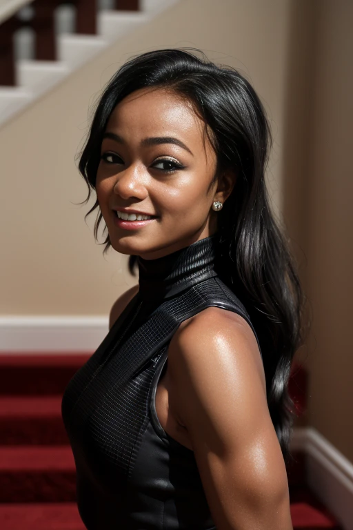 t4ty4n441i as a popular girl, teeth smile, (wearing a high neck sleeveless black dress:1.3), full body, indoors, walking down stairs in a house, evening, <lora:Tatyana_Ali_PMv1a_Lora:1.3>,, detailed skin texture, (blush:0.5), (goosebumps:0.5), subsurface s...