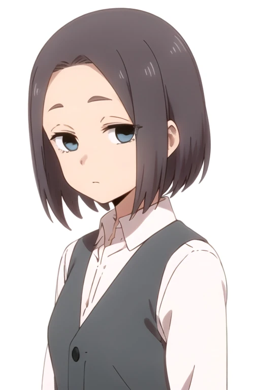 solo, 1girl, looking at viewer, 2D, anime, anime coloring, upper body, (solid white background:1.3), <lora:mona-uzasenpai:0.8>, mona tsukishiro, collared shirt, vest, closed mouth