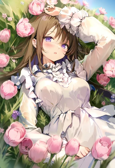 masterpiece, best quality, <lora:anmiXL_ANI31_lokr_V2233:0.95> 1girl, solo, flower, purple eyes, lying, on back, pink flower, brown hair, long sleeves, dress, blush, looking at viewer, bangs, outdoors, frills, white dress, long hair, arm up, day, parted li...