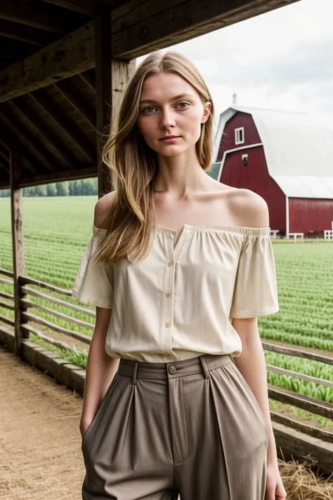 European woman, closeup, sandals, (shirt), pants, (farm with barn), ZM_jessica, wide shoulders, perfect face, (contact iris: 1.1), pale skin, skin pores , looking_at_viewer, depth of field