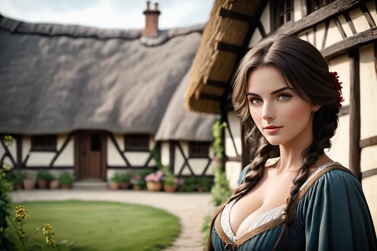 cinematic film still a medieval peasant woman standing outside a thatched cottage, cleavage, <lora:bustyzoey:1>, bustyzoey,  . shallow depth of field, vignette, highly detailed, high budget, bokeh, cinemascope, moody, epic, gorgeous, film grain, grainy