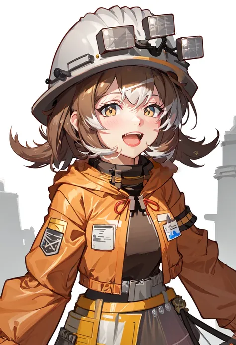 best quality, masterpiece, highres, solo, (cement_arknights:1.10), 1girl, helmet, long sleeves, orange jacket, looking at viewer, simple background, open mouth, white background, :d, black shirt, blush, 0 <lora:cement_arknights:0.80>