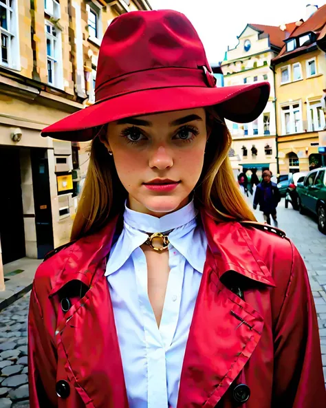 Chz-WillowH, (((meticulously-detailed, Ultra-HD-realistic))), close-up, RAW photo, of 1girl as a real-life Carmen Sandiego, international boss villainess, (red-trench-coat, collar up, red-fedora:1.3), standing on a dark street corner in Prague, kind of eas...