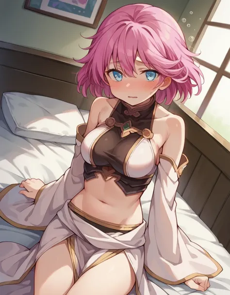 score_9, score_8_up, score_7_up, source_anime,
sillplain, <lora:sill-plain-ponyxl-lora-nochekaiser:1>
sill plain, short hair, blue eyes, pink hair,
navel, bare shoulders, detached sleeves, midriff, wide sleeves,
indoors, bed, bed room, on side, blush, drun...