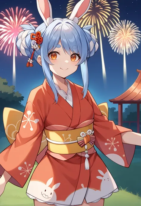 score_9, score_8_up, source_anime, 1girl, solo, PekoraNewYears, orange eyes, thick eyebrows, rabbit ears, two-tone hair, blue hair, white hair, double bun, braided bun, tassel hair ornament, red kimono, short kimono, sleeves rolled up, tasuki, yellow obi, ...