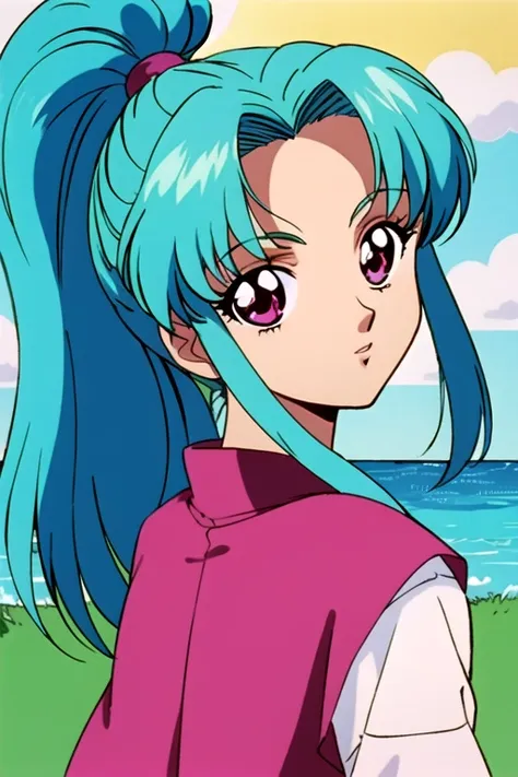 masterpiece, best quality, 1girl, aqua hair, pink eyes, long hair, ponytail, <lora:yu_yu_hakusho_style:0.84>, yu_yu_hakusho_style