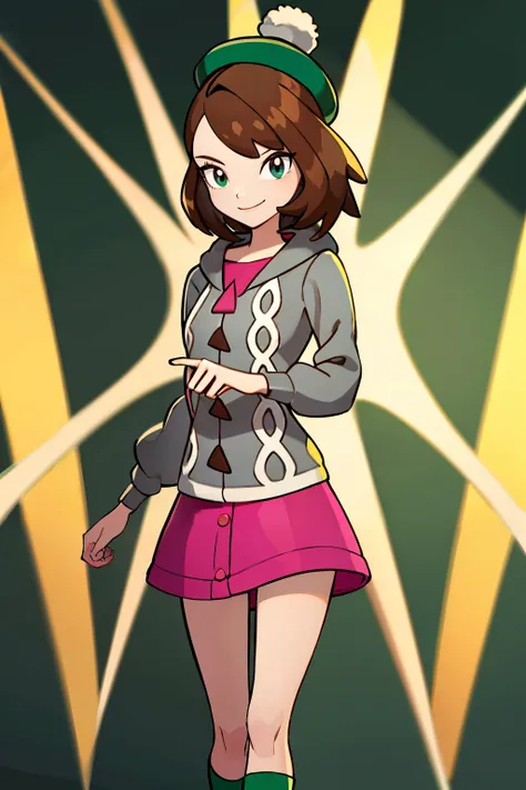 <lora:Winx_Club:0.6>  ((masterpiece,best quality)), absurdres,  <lora:Gloria_Pokemon:0.8>, gloria (pokemon), green hat, grey cardigan, hooded cardigan, cable knit, pink dress, green socks, long sleeves, collared dress, solo, smile, looking at viewer, cowbo...