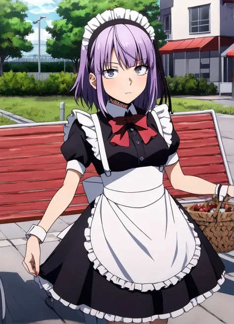 score_9, score_8_up, source_anime,1girl,hotaruXL, <lora:hotaruXL:1>,purple hair,short hair,outdoors,detailed eyes,wearing a maid outfit,