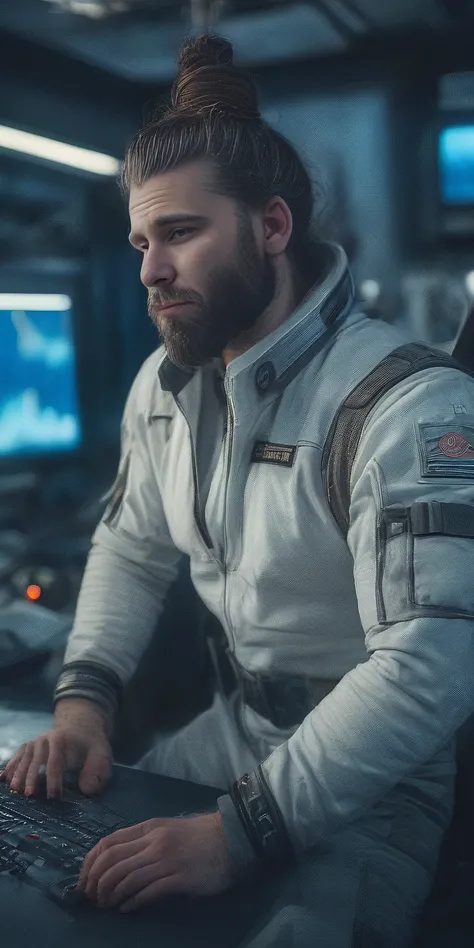 WakeWilder  <lora:WakeWilderSDXL1.2:1.1>
Raw photo, 8k, highly detailed,  man bun, beard, looking at the viewer, wearing futuristic space suit, sitting at control panel for space ship, background of a futuristic spaceship, well lit, cinematic lighting, sha...